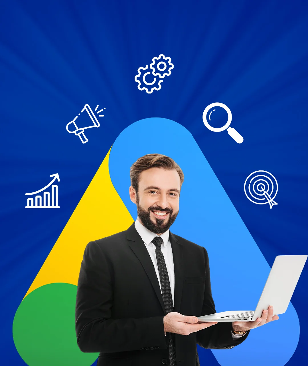 Business professional holding a laptop in front of a Google Ads logo background with marketing and analytics icons, representing expert ROI optimization services