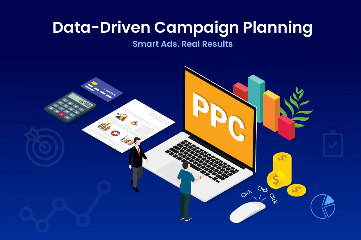 Illustration of two people planning a PPC campaign with a large laptop displaying 'PPC', charts, documents, coins, and a mouse with 'Click' symbols, representing data-driven ad strategy and consulting