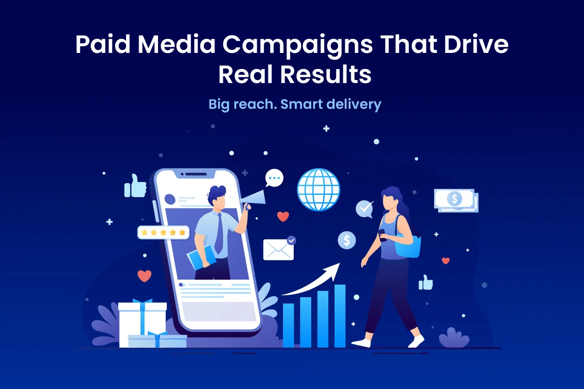 Illustration of two people managing paid media campaigns with a large smartphone, digital charts, social media icons, and dollar signs, representing real results and smart ad delivery