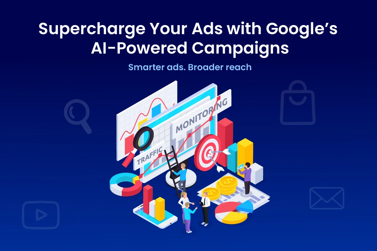 Illustration of a team analyzing Google Performance Max campaign data with charts, coins, and monitoring tools, highlighting AI-powered ad optimization and broader reach
