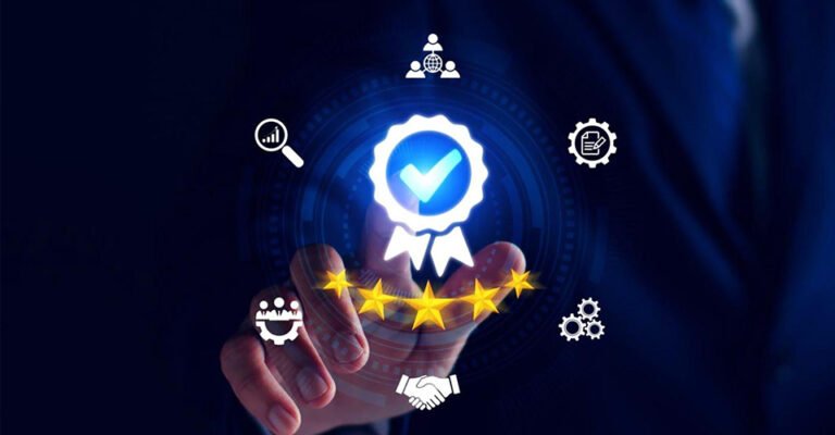 Businessman highlighting industry success with digital icons for quality assurance, five-star rating, customer satisfaction, and business growth.