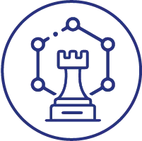 About Us 5 Icon of a chess rook surrounded by connected dots, representing strategic social media planning to build meaningful connections