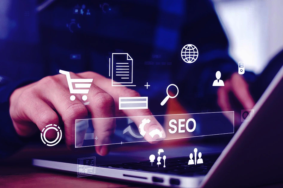 Person using a laptop with digital icons for SEO and ecommerce overlayed.